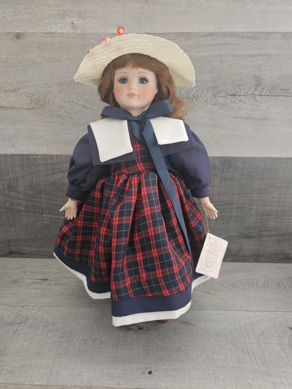 Vtg Treasures In Lace Porcelain Doll 14" Outfit W Hat, Shoes Auburn Curls